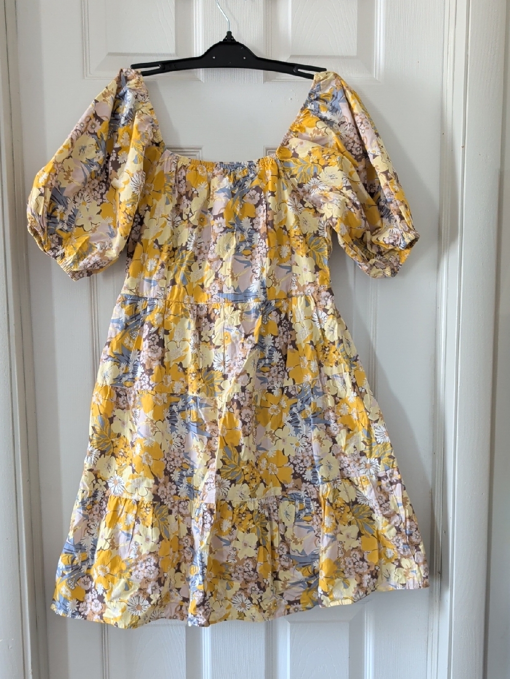 Womens Yellow Floral Puff-Sleeve Dress